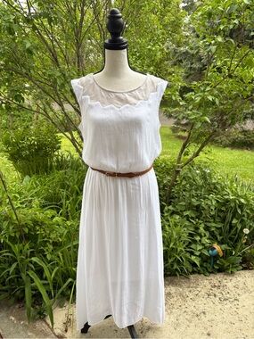 Size SMALL AB Studio White Maxi Dress with Beige Embroidered Yoke